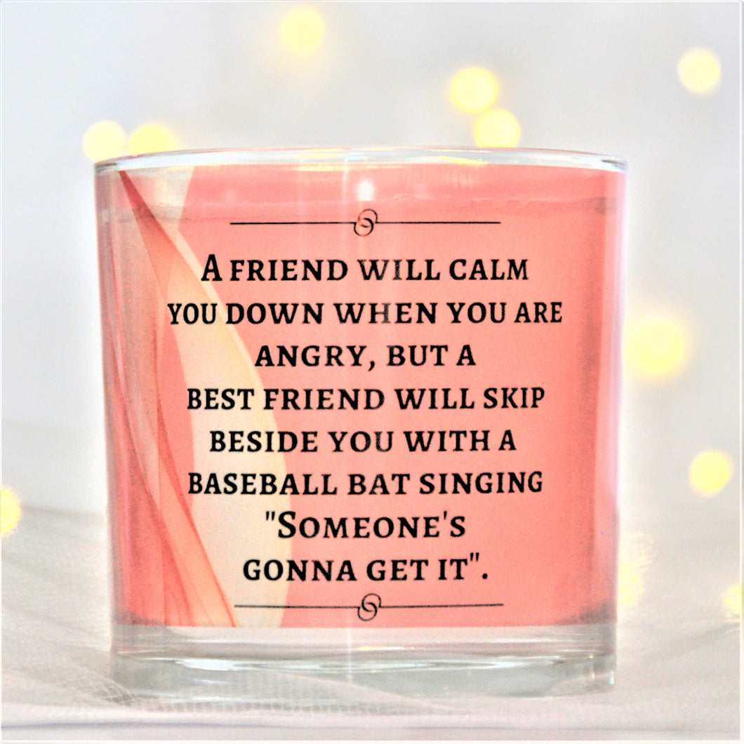 A FRIEND WILL CALM YOU DOWN WHEN YOU ARE ANGRY, BUT A BEST FRIEND WILL SKIP BESIDE YOU WITH A BASEBALL BAT SAYING 